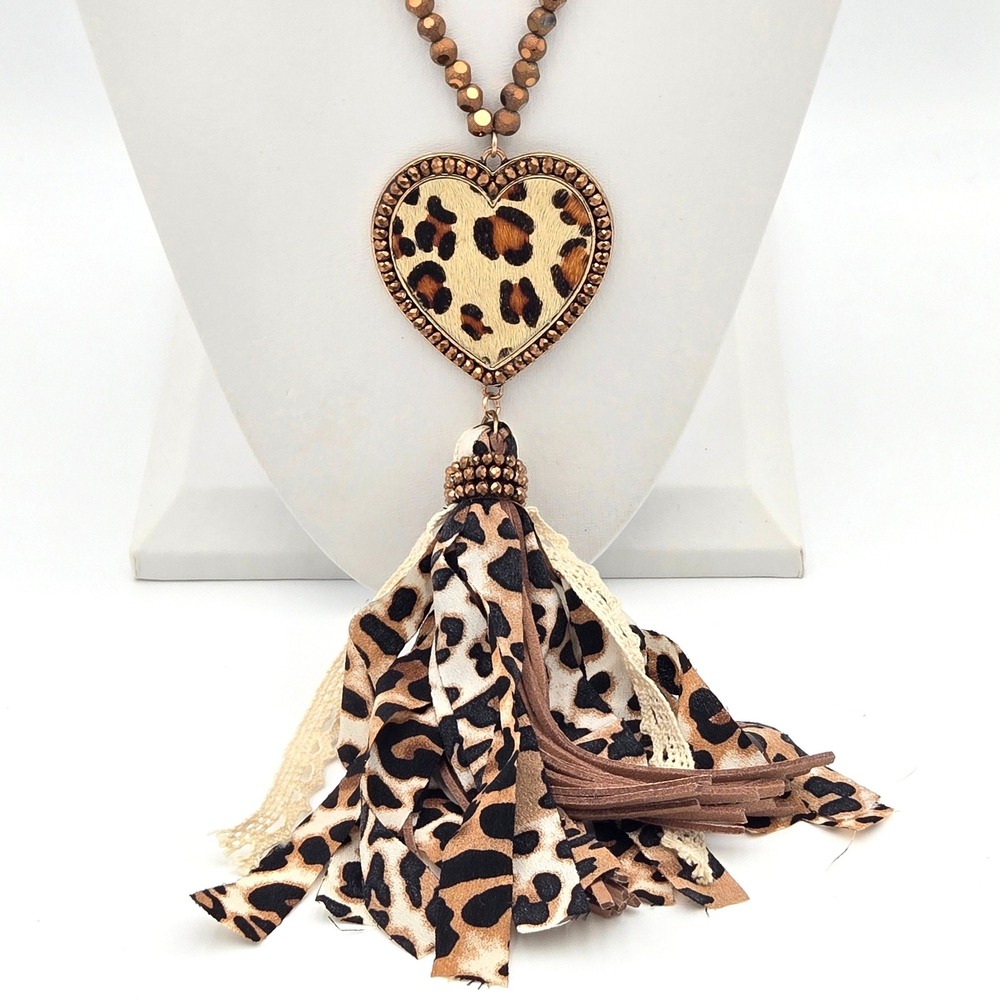 Sunshine & Rodeos Leopard Heart Tassel Beaded Long Necklace Bronze Gold Tone
